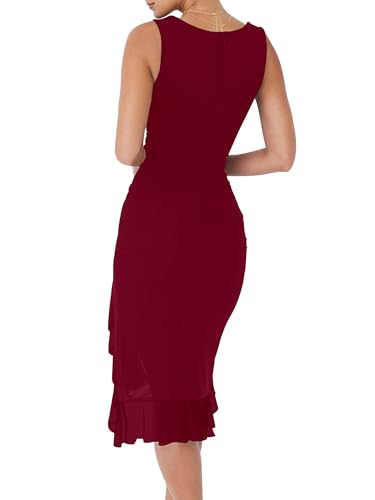 Image of BORIFLORS Women's Sexy Ruched Bodycon Midi Dresses Square Neck Sleeveless Ruffle Hem Club Party Tank Dress