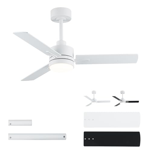 Image of LANMEL 42 Inch Metal Ceiling Fan with Light, Modern Flush Mount Low Profile with Remote Control, Reversible, 3cct Dimmable, Quiet, White LED for Bedroom, Living Room, Indoor /Outdoor Patio Use