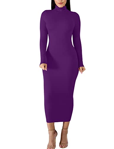 BORIFLORS Women's Sexy Basic Long Sleeve Turtleneck Bodycon Party Long Pencil Dress,Medium,Dark Purple