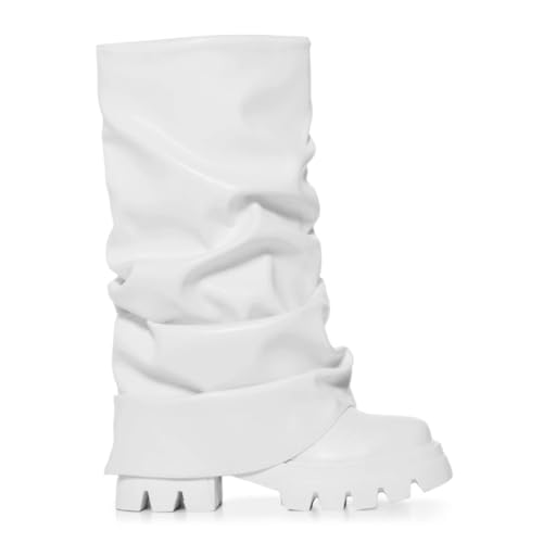 Women's Platform fold over Round Toe Chunky Heel wide calf Boots Fashion Pull-On Party Slouchy Shark Mid Calf Shoes2