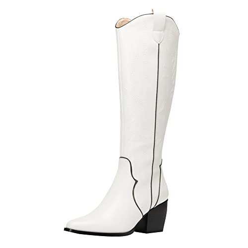 Image of DREAM PAIRS Womens Cowboy Boots Wide Calf Comfortable Pull On Zipper Chunky Heel Pointed Toe Embroidered Western Cowgirl Knee High Boots Ladies Retro Tall Boot