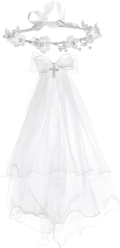 Couronne florale blanche avec croix et son voile de communion fille de 61 cm