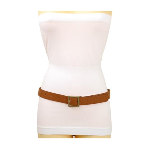 Women Brown Classic Fashion Belt - Hip Waist Basket Weave Band Gold Square Buckle S M z0052
