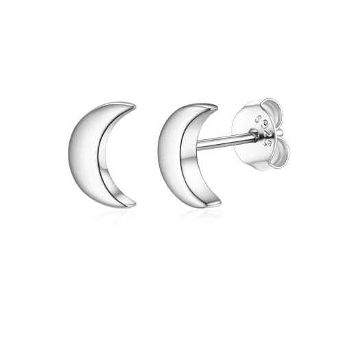 PROSILVER 925 Sterling Silver Studs Earrings for Women, Hypoallergenic Earrings Silver/Gold/Black Flat Back Stud, Heart/Moon Cute Earings Jewelry Moon-Silver
