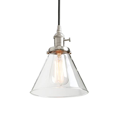 Image of Phansthy Industrial Retro Style Pendant Light Funnel Clear Glass Lamp Shade Hanging Lights Decorative Lighting Ceiling Light Fixtures for Hallway Kitchen Dining Living Room (Brushed)