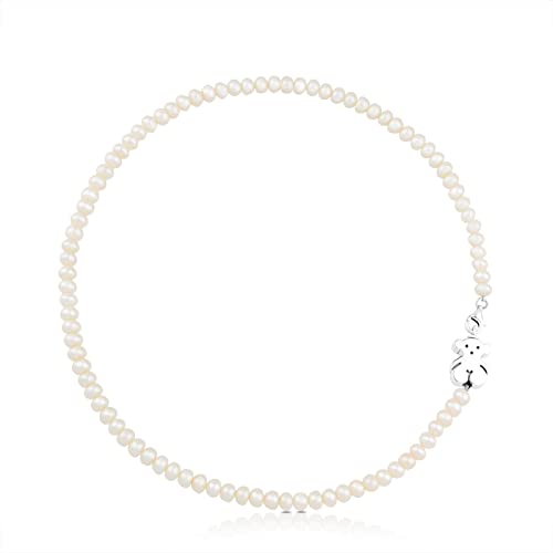TOUS Collar de Plata de Primera Ley para Mujer con Perlas cultivadas y Motivo del Oso, 44,5 cm de Largo, Atemporal y Versátil, Colección Sweet Dolls