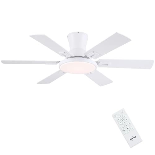 Image of Newday 42 inch White Ceiling Fan with 6 Blades, Flush Mount Ceiling Fan with LED and Remote, Stepless Dimmer, Sleep Modes, 3 Timer, Quiet Reversible DC Motor for Bedroom Living Room Kitchen Balcony
