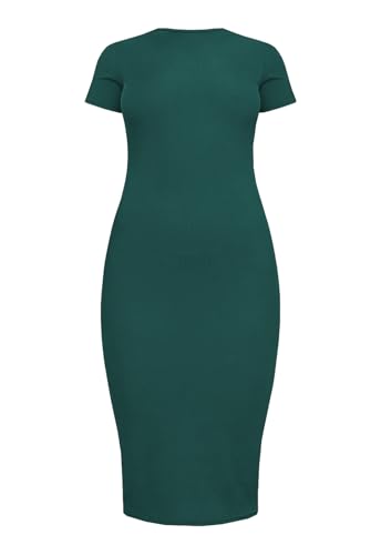 Image of Women's Crew Neck Short Sleeve Slim Fit Ribbed T Shirt Casual Midi Bodycon Dress