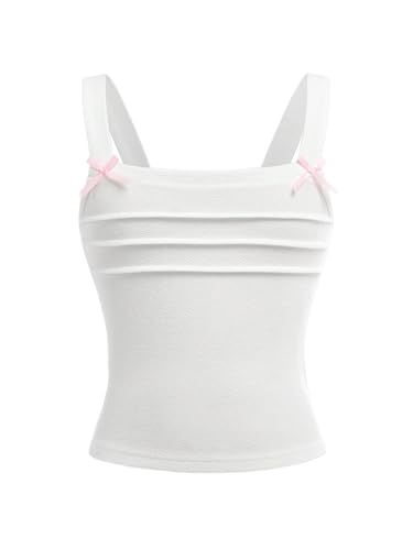 OYOANGLE Girl's Cute Bow Ruched Tank Top Square Neck Sleeveless Fitted Summer Cami Tops