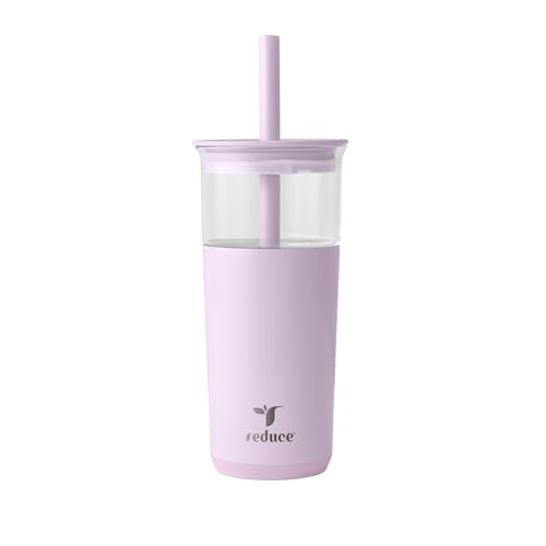 Image of REDUCE Aspen 20 oz Vacuum Insulated Glass Tumbler with Lid & Extra Wide Straw - Keeps Drinks Cold for 12 Hrs - Ideal for Iced Coffee, Smoothies & Boba - Dishwasher Safe, Soft Base - Lilac Bud