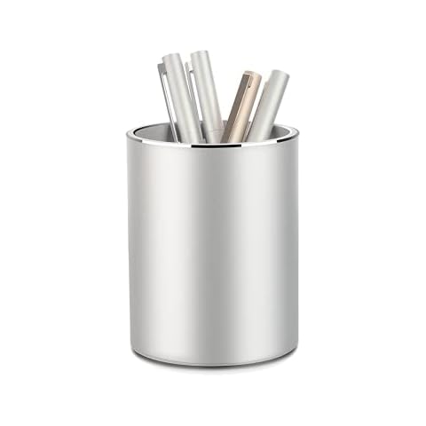 VAYDEER Metal Pen Holder Aluminum Pen Pot, Round Pencil Holder Pot Desktop Makeup Brush Holder Pot for Desk, Office/School Pen Storage Organizer - Silver Cover