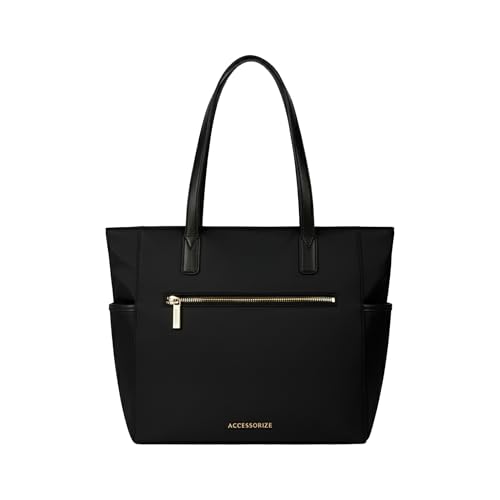Image of Accessorize London Women's Black Kimberly Nylon Zippered Tote | water-resistant Shoulder Bag | Stylish Casual & Travel Handbag