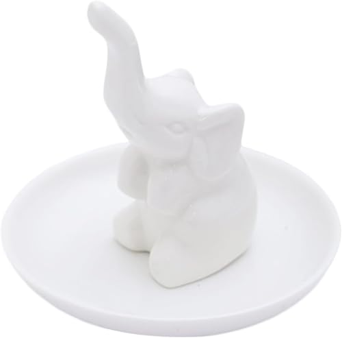 Ceramic Elephant Jewelry Tray & Ring Holder - White Decorative Trinket Dish Organizer for Earrings, Necklaces & Rings, for Women, 10cm -Quttly