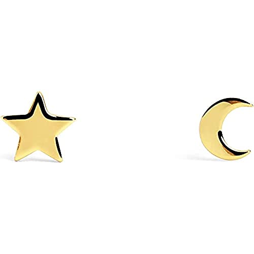 SINGULARU - Pendientes Simple Moon & Star Oro - Plata de Ley 925 Con Baño de Oro 18kt - Motivo Sol y Luna, Cierre Tuerca a Presión - Joyas Mujer
