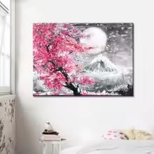 DIHANSM Skandinavische Wandkunst Japanischer Berg Fuji Kirsche Aquarell Heimdekoration (75x110cm/Galerie-Wrap)