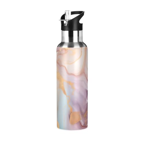 20 Oz Water Bottle with Straw Marble Pink Gold Stainless Steel Water Bottle for Traveling Sports Leakproof Insulated Water Bottle