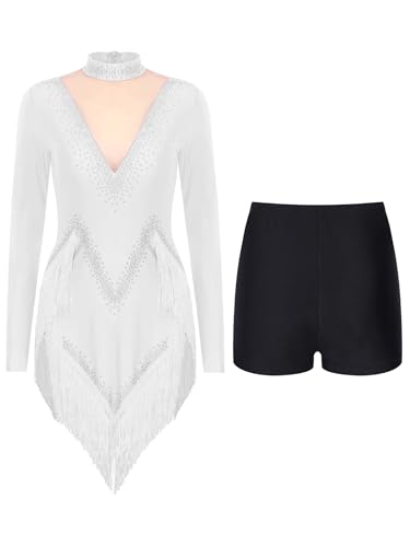 Vxuxlje Damen Lateinamerikanischer Tanzkleid Mit Fransen Lange Ärmel Lateinamerikanischer Tanzkleid Mit Strass Rhythmische Sportgymnastik Shorts...