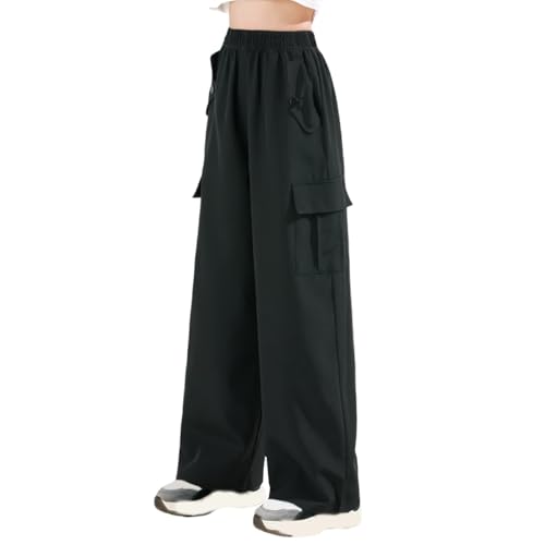 Teen Girls Straight Wide Leg Sweatpants Multi Pockets Cotton High Waist Elastic Long Joggers Pants Kids Baggy Trousers