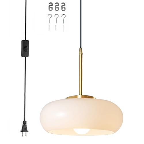 Qufute Glass Hanging Lamp Milk White Pendant Light Gold Plug in Glass Globe Pendant Light Swag Lights 14.7 ft Cord On/Off Switch Mid Century Modern Vintage Hanging Light for Kitchen Bedroom