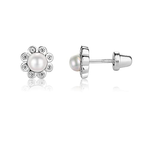Cherished Moments Girl's Sterling Silver White or Pink Cultured Pearl Button Earring with CZs (Screw Back)