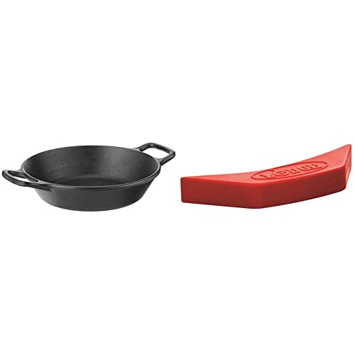 Image of Lodge L5RPL3 Cast Iron Round Pan, 8 in, Black & ASAHH41 Silicone Assist Handle Holder, Red