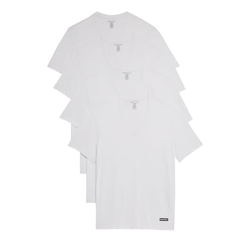 La Mejor Recopilación de Playera Cuello V los más recomendados. 48 Nautica - Paquete de 4 Camisetas de algodón con Cuello en V para Hombre, Logotipo de la Bandera Blanca-náutica, Large