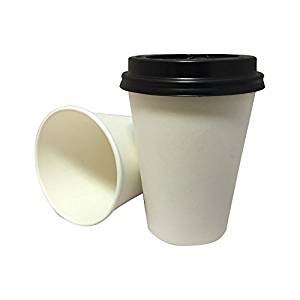 100 x 8oz White Paper Single Wall Disposable Tea Coffee Cappuccino Hot Drinks Cup & Black Lids