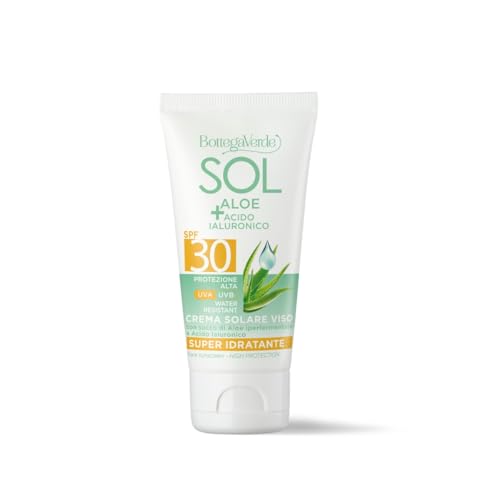 Bottega Verde - SOL Aloe e Acido Ialuronico, Crema Solare Viso, 50 ml, SPF 30, Protettiva e Idratante, Arricchita con Succo di Aloe Iperfermentato e Acido Ialuronico, per Tutti i Tipi di Pelle