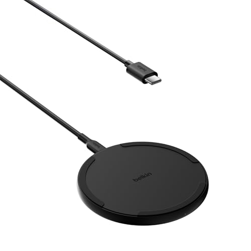 Belkin Pad di ricarica wireless (15 W), caricabatterie Qi per Apple iPhone 16, iPhone 15/14/13, AirPods, Samsung Galaxy S25, Galaxy S24, Pixel, incl. cavo da 1,5 m (senza alimentatore), nero