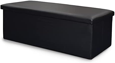 Large Ottoman Storage Box Folding Seat, Storage Stool Faux Leather Toy Chest Practical Bench Blanket Box (Black, 76x38cms)