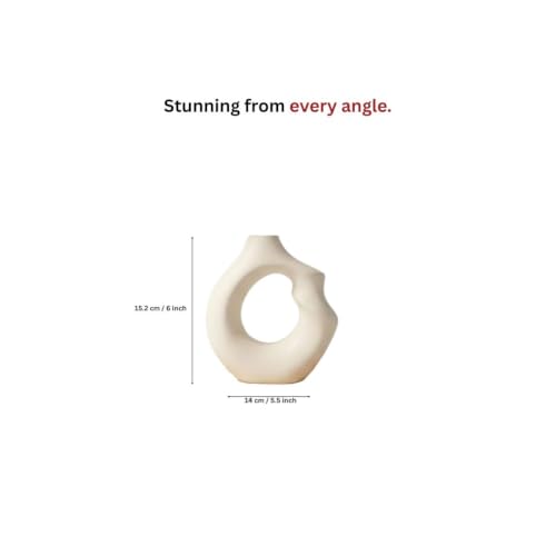 Image of Abstract Ceramic Donut Vase 6 Inch | Modern Nordic Pampas Grass Vase for Home Decor | Decorative Flower Vase for Living Room, Bedroom, Office, Center Table | Matte White
