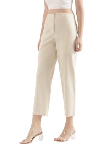 Image of SAADAA Women's Airy Linen Straight Pants | Regular Fit Trousers | Half Elasticated with Drawstrings & Buttons | 4 Pockets | Everyday & Office Wear