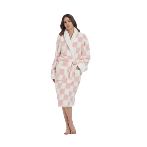 DREAMLANDING Albornoz estampado para mujer, suave, acogedor, grueso, pijama, camisón para mujer, Cuadros rosados, M-L