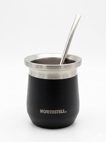 Northsteel Verre mat argentin avec ampoule incluse – Verre mat moderne en acier | Design élégant et portable | Idéal pour Mate traditionnel à la maison ou à l'extérieur (noir)