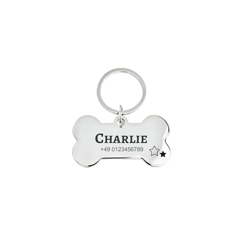 Hundemarke mit Gravur Personalisiert aus Edelstahl Hundeanhänger inkl. Schlüsselring - Namensschild für Halsband - Dog Tag Anhänger Marke für Hunde, Tiermarke für Katzen und Welpen (Knochen)