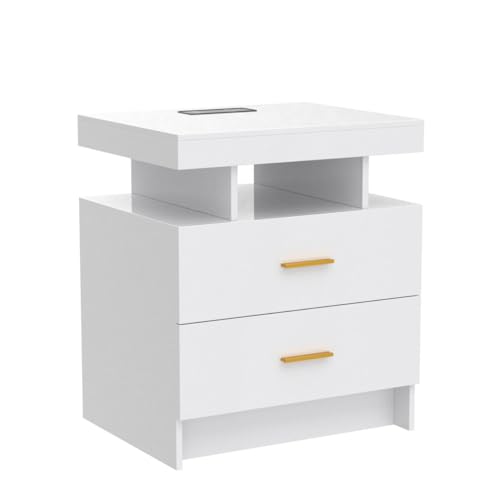 Image of HNEBC Auto LED Nightstand with Wireless Charging Station & USB Ports,High Gloss Bedside Tables with 2 Drawers,Floating Nightstand with 3 Color & Adjustable Brightness for Bedroom,White