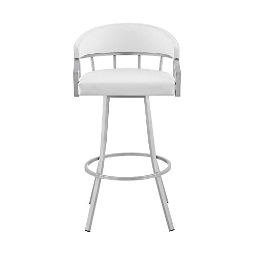 Armen Living Valerie Moderno Butaco Giratorio de 30" de Altura de Asiento en Cuero Sintético Blanco y Estructura de Acero Plateado miniatura 4