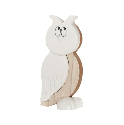 DRW Figura Buho Madera y Ceramica Blanco y Natural 7x5x15 cm