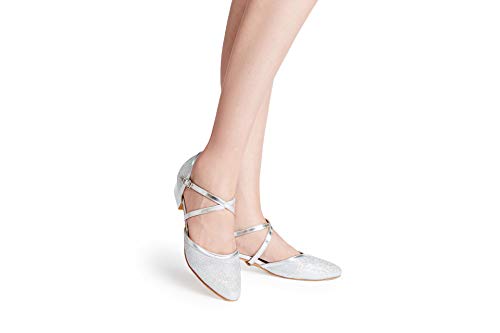 Closed Toe Low Heel Glitter Ballroom Dance Shoes for Women Salsa Latin Wedding Party 1 1/2“ Heel S11-13