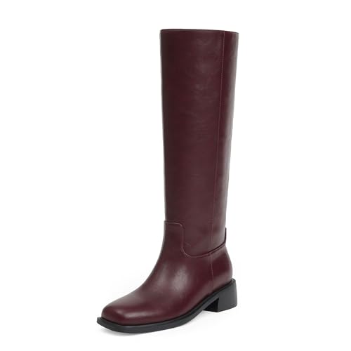 Knee High Boots Women Faux Leather Slip on Boots Low Heel Square Toe Fall Long Tall Boots for Women