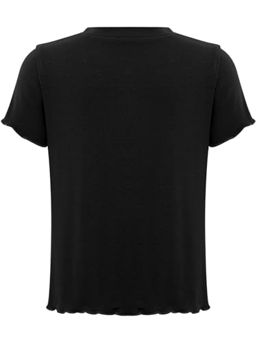 Girls Crew Neck Short Sleeve T-Shirt with Lettuce Hem Button Accent Solid Color Top for School Outings Daily Wear4