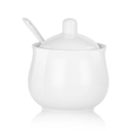 CHILDIKE Ceramic Sugar Bowl, White Porcelain Sugar Pot with Lid and Spoon, China Conditment for Kitchen Seasoning 230 ml