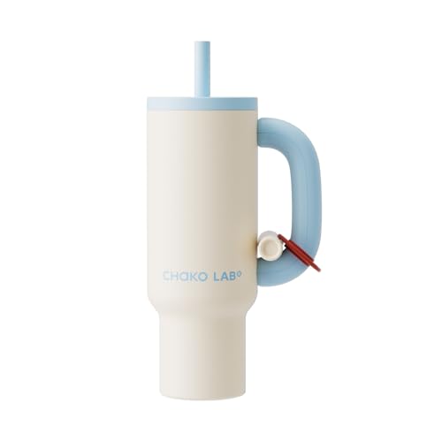 Image of CHAKO LAB BaWang Insulated Stainless Steel Tumbler | Tumbler with Handle and Straw 33oz | Cup Holder Friendly for Travel | Leakproof Water Bottle | BPA-Free | 316 stainless steel liner| white＆blue