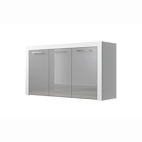 Muebles Bonitos | Bahut Moderne Nelia | Largeur 144 x Hauteur 80 x Profondeur 42 cm | Meuble en mélanine Brillant| Couleur Blanc et Gris Cover