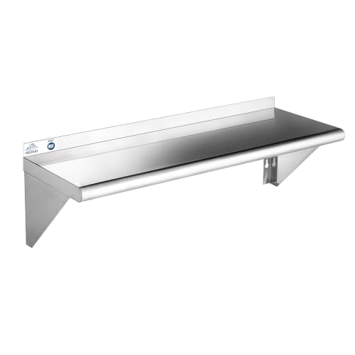 ROCKPOINT Stainless Steel Shelf 12 x 36 Inches 300lb, NSF Metal Commercial Shelves Wall Mount Floating Shelving with Backsplash for Restaurant, Kitchen, Home and Hotel, Silver