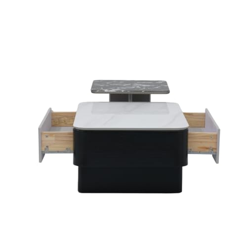 Image of Royaloak Seattle American Glass Coffee Table Set of Two | Tempered Glass with Marble Effect Surface & Black Body | Drawer Storage, Asymmetrical Side Design, Stylish Centre Table for Living Room