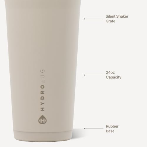 Image of HydroJug Insulated Protein Shaker Bottle 24 oz, Silent Mixing, Dune | Leak-resistant, triple wall insulated, flip-top cap, antimicrobial Tritan lid, bucket handle, cup holder fit, dishwasher safe