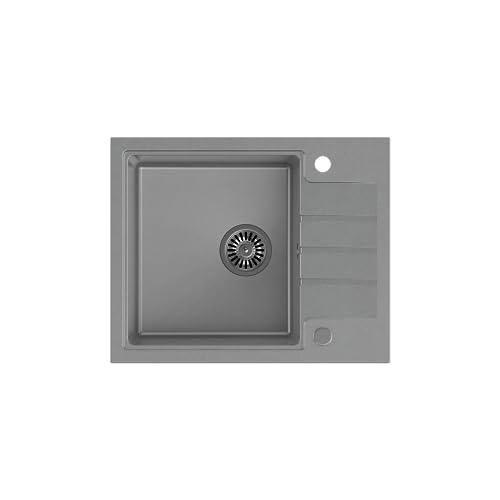 QUADRON Granitspüle Einbeckenspüle | Größe 62 x 50 x 20 cm, Farbe: Grau & Stahl | PETER 116 Einzelbecken Küchenspüle | Granit Spülbecken | mit manuellem Siphon und Abtropffläche