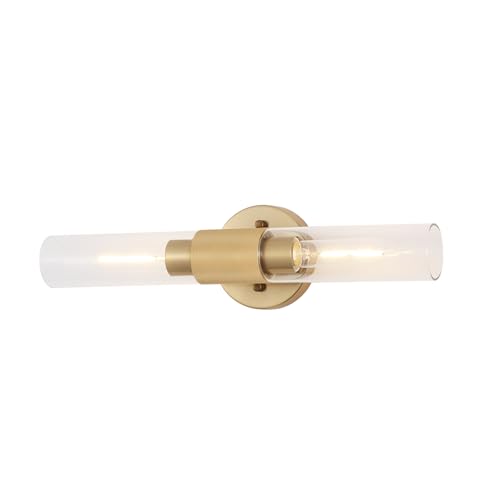 Image of BYOLIIMA Gold Knurled Texture Wall Sconce Clear Glass Shade Modern Bathroom Vanity Light Fixtures 2-Lights Mid Century Wall Light for Mirror Living Room Hallway E26 T10 Bulbs(Excluded)