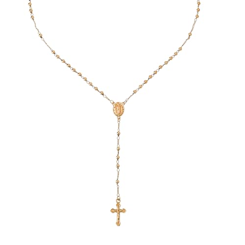 Nazareth Store 18K Gold Plated Bronze Rosary Necklace Our Lady of Guadalupe Medal & Crucifix 3 mm Catholic Prayer Beads Pendant Religious Jewelry Gift for Women & Men